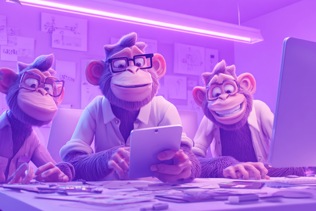 Monkeys working on a tablet.