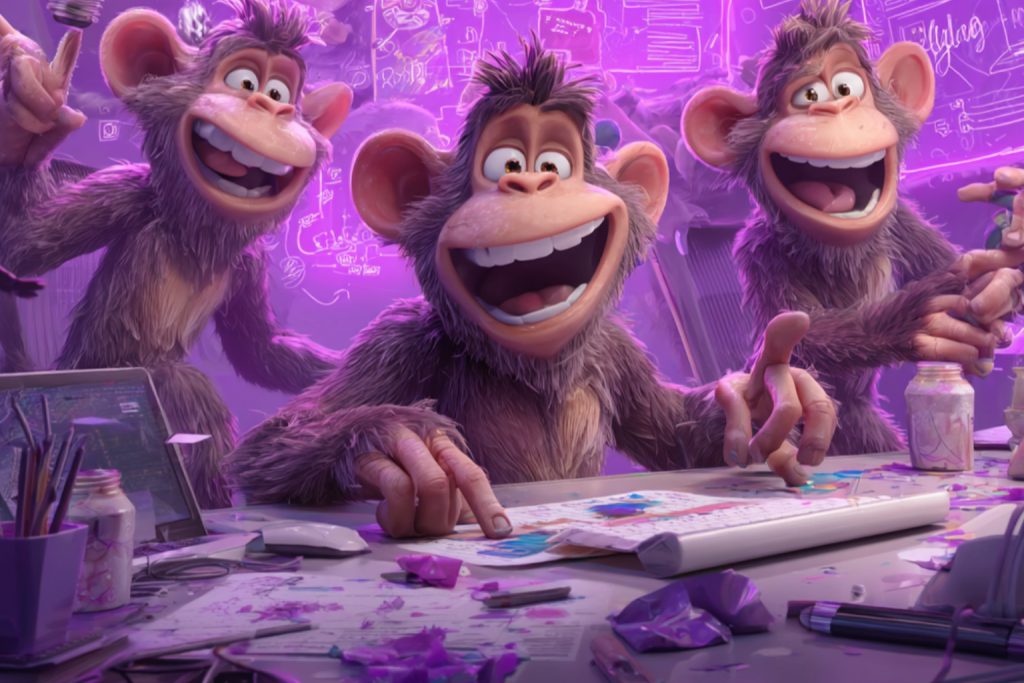 Image of three Monkeys being creative with paper and paint to create a brand.