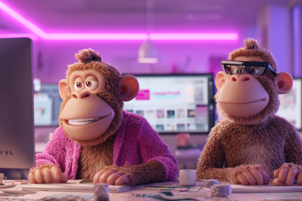 Image of two Monkeys working behind their computers.