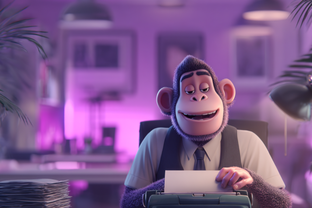 Image of a Monkey writing on a typewriter creating content for clients.