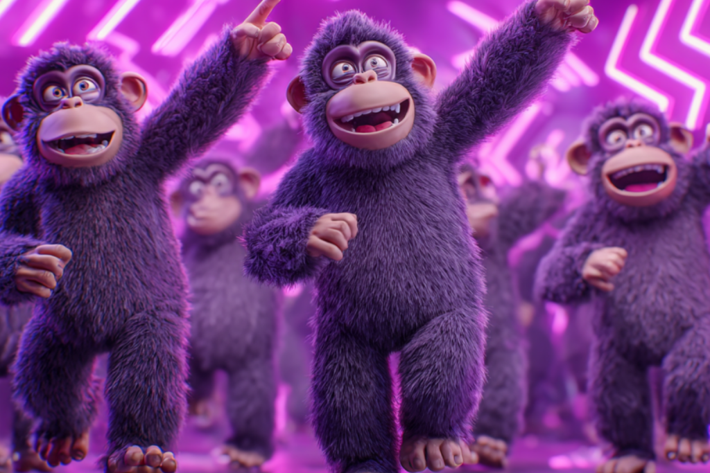 Image of a group of Monkeys dancing together,, while following the script of content.