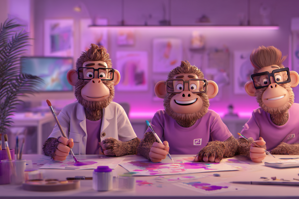 Image of three Monkeys painting on paper, creating designs for clients.