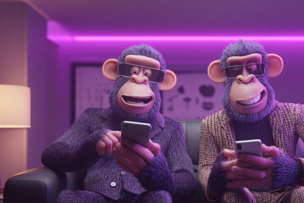 Image of two Monkeys sitting on the coach looking at Social Media accounts on their phones.