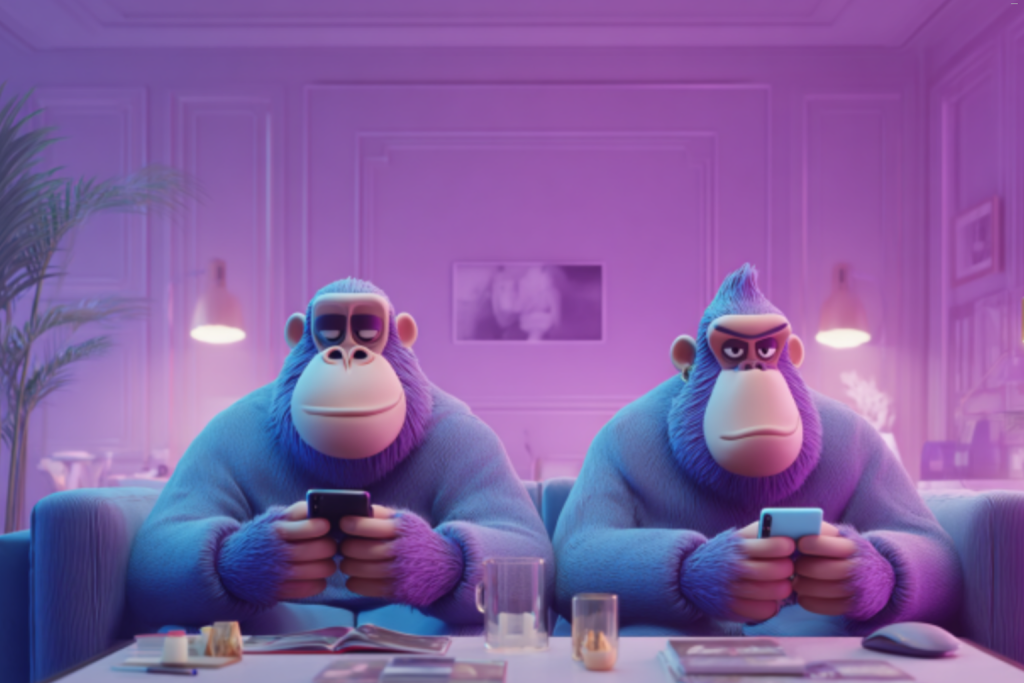 Image of two Monkeys sitting on the couch while scrolling on their phones.