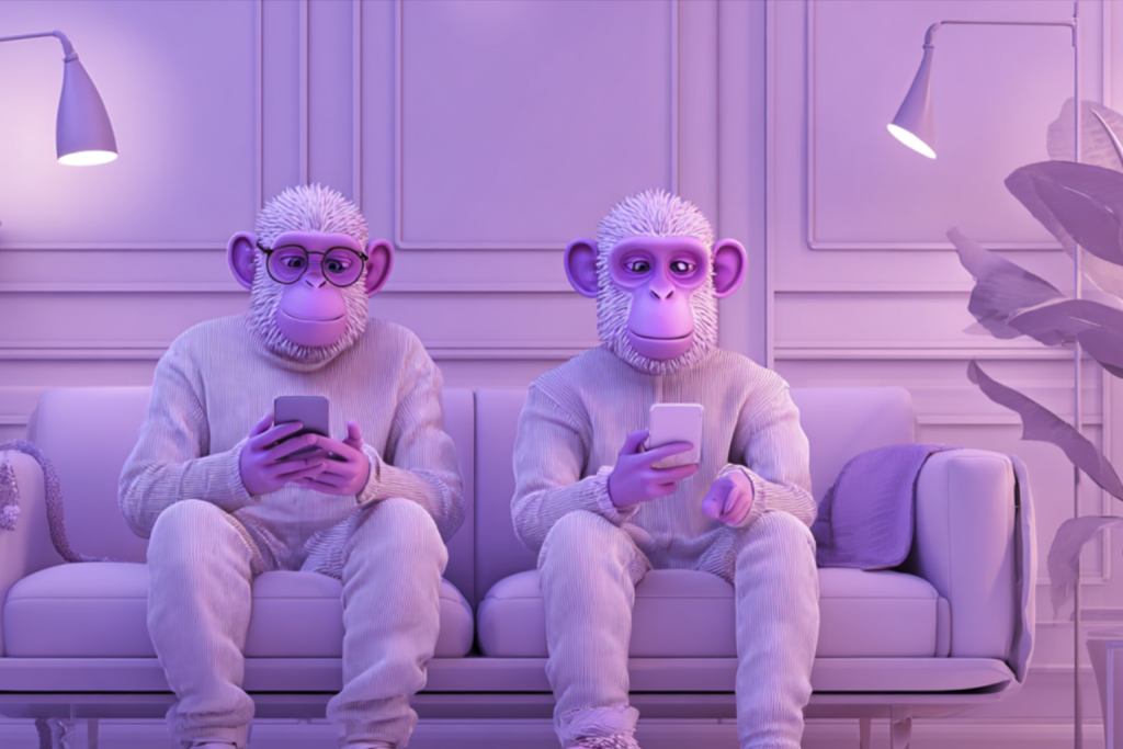 Image of thow Monkeys in white clothes, sitting on the coach looking at the Social Media they created for clients.