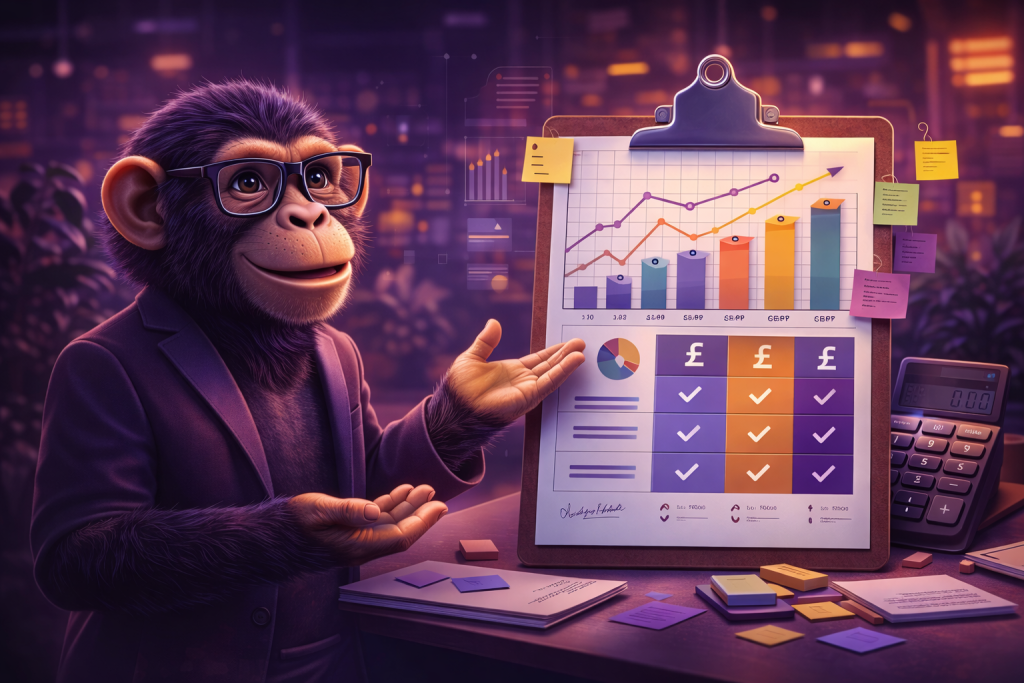Image of a Monkey that is looking at a list of prices.