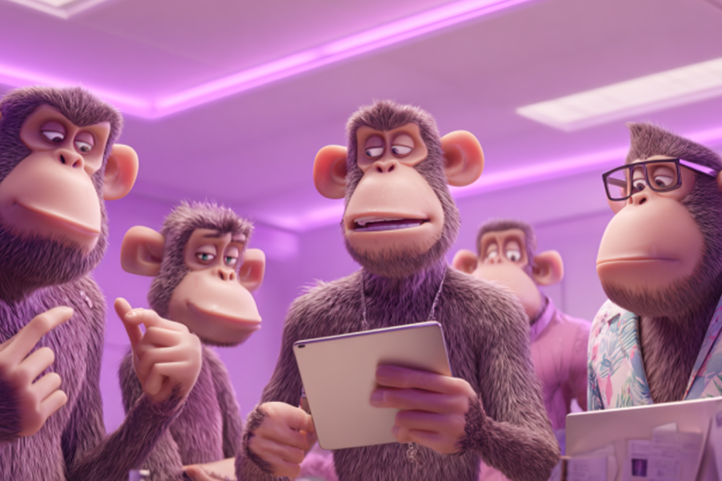 Image of a group of Monkeys who are looking at different kind of projects on their tablets.
