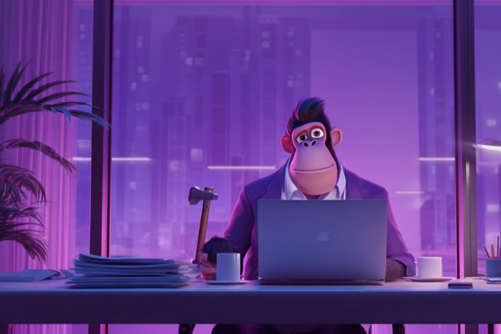 A Monkey sitting at his desk in his office while working on maintenance for our clients.