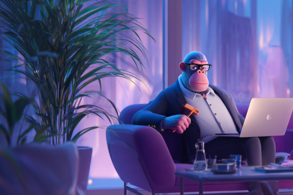 Image of a Monkey sitting on the couch while working on his laptop.