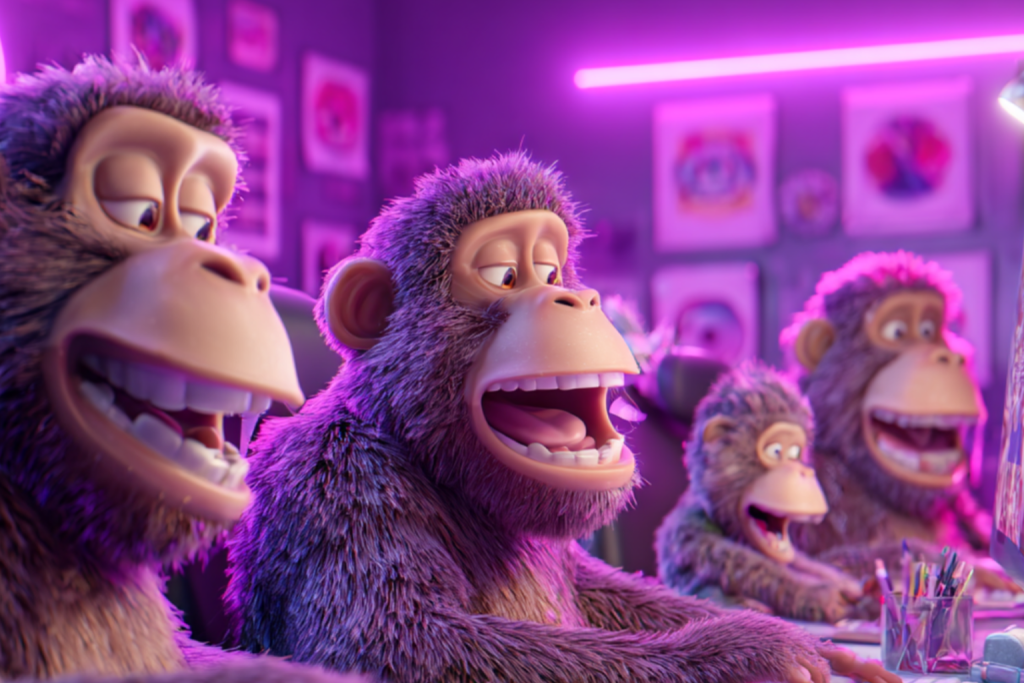 Image of Monkeys sitting at their computer working on different projects.